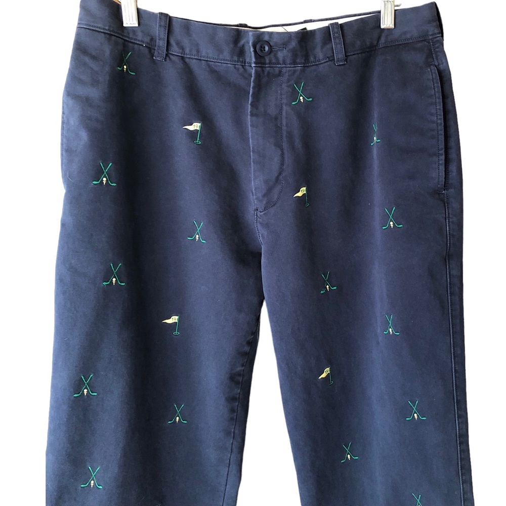 Vintage J. Crew Flat Front Broken In Chino. Navy w/ Golf Theme. Size 34W x 34L